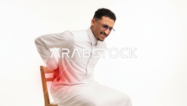 رجل سعودي يعاني من ألم الظهر بالثوب الأبيض