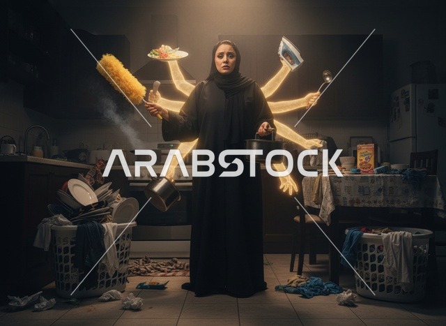 امرأة سعودية تؤدي مهام منزلية متعددة في المطبخ