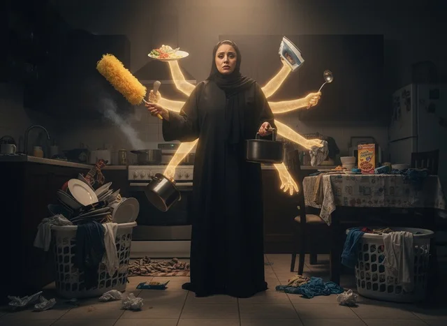 امرأة سعودية تؤدي مهام منزلية متعددة في المطبخ