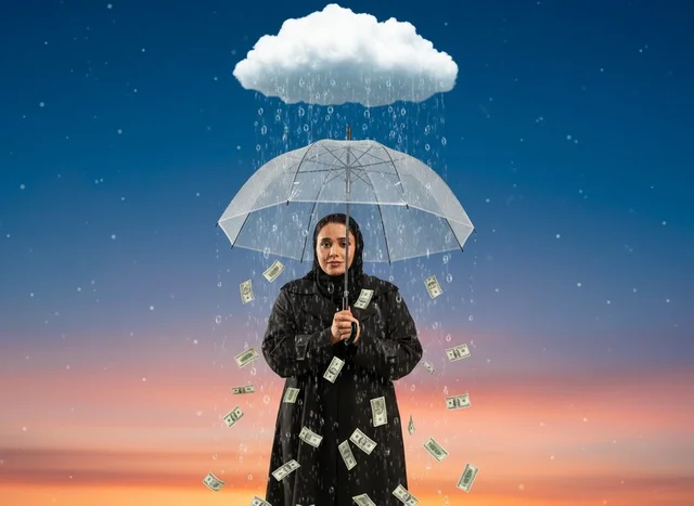 امرأة سعودية مع مطر من الدولارات تحت المظلة