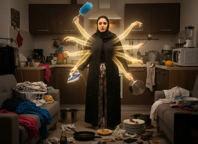 Saudi Woman Multitasking in Messy Kitchen Household Chores