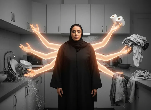 امرأة عربية بالعباءة تقوم بتعدد المهام في المطبخ