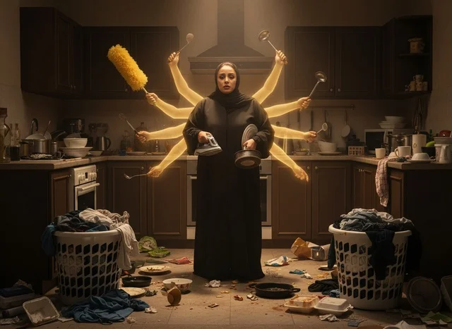 Arab Woman Multitasking Household Chores in Messy Kitchen
