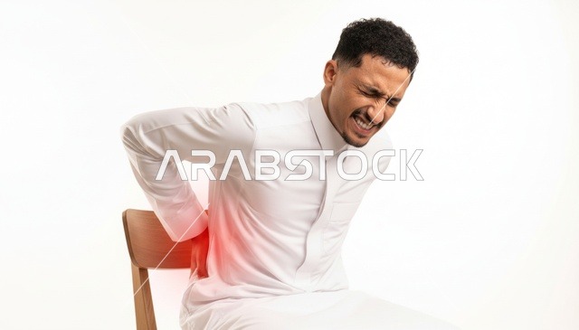رجل سعودي يمسك أسفل ظهره من الألم بالثوب الأبيض