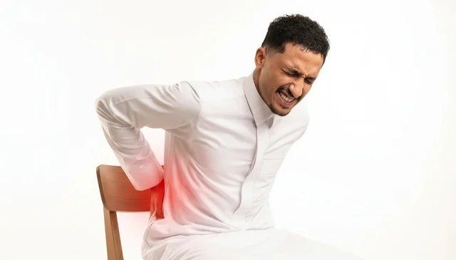 Saudi Man Holding Lower Back Pain in White Thobe