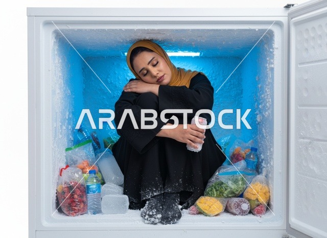 امرأة عربية داخل المجمد للتبريد من حرارة الصيف
