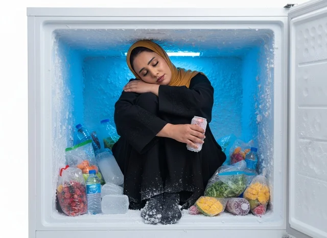 Arab Woman Inside Freezer Cooling from Summer Heat