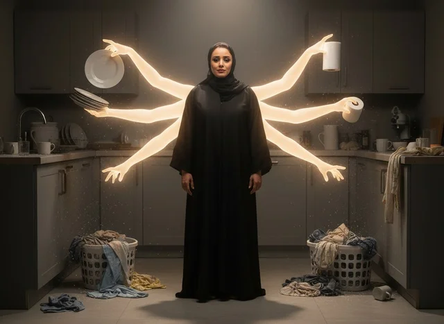 Arab Woman Multitasking Housework in Kitchen