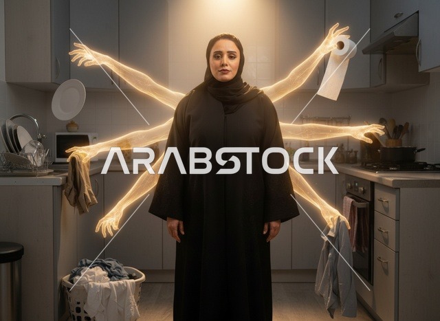 امرأة سعودية تقوم بمهام متعددة في المطبخ