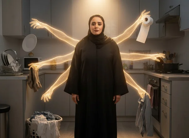 Saudi Woman Multitasking in Kitchen with Glowing Arms