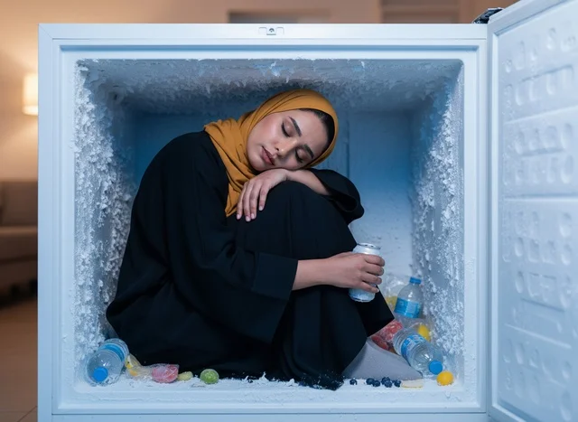 امرأة عربية بالعباءة داخل الفريزر للتبريد من الحر
