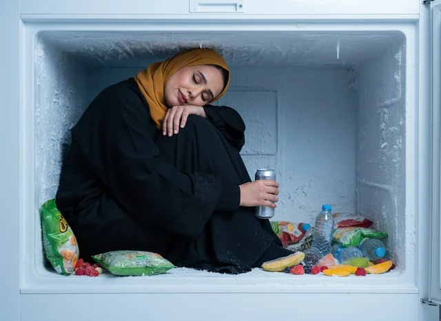 Saudi Woman Sitting Inside Freezer Cooling Down