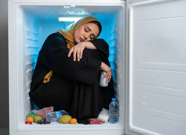 Arab Woman in Abaya Sitting Inside Refrigerator