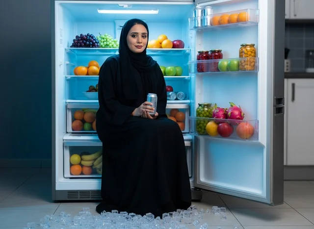 امرأة إماراتية بالعباءة تجلس داخل ثلاجة مطبخ