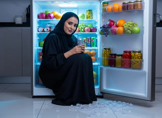 امرأة عربية بالعباءة تجلس داخل الثلاجة لتخفيف حرارة الصيف