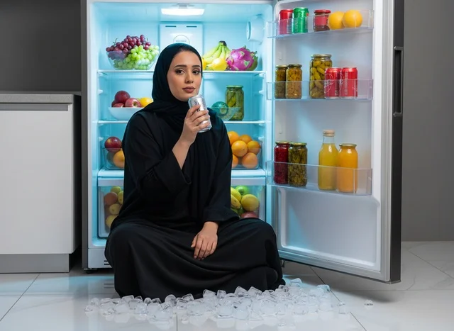 Arab Woman in Abaya Sitting by Open Fridge with Ice