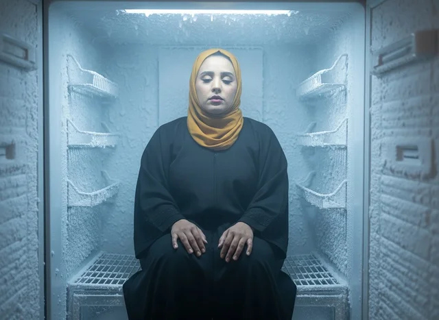 Arab Woman in Hijab Inside Commercial Freezer
