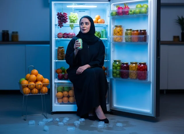 Arab Woman in Abaya Sitting in Refrigerator at Night