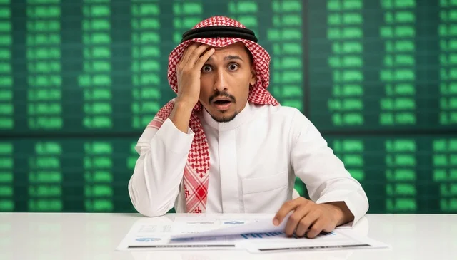 رجل أعمال سعودي مصدوم أمام شاشة سوق الأسهم