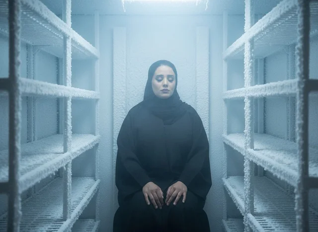 امرأة عربية بالعباءة تجلس في غرفة تبريد صناعية