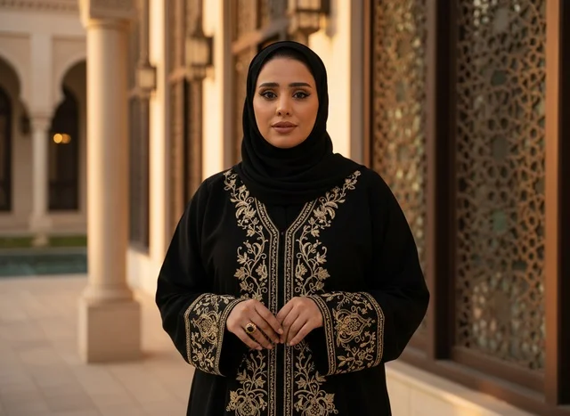 امرأة إماراتية بالعباءة السوداء والحجاب المطرز