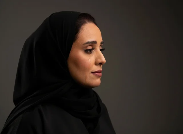 امرأة سعودية بالعباءة السوداء تبكي في صورة شخصية
