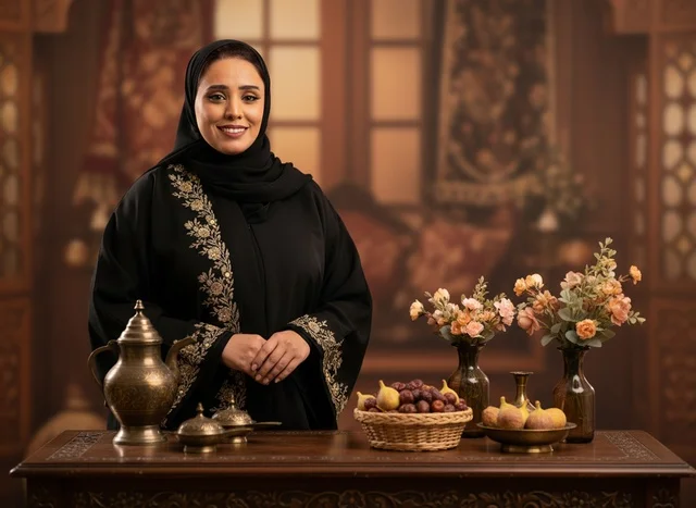Saudi Woman in Traditional Abaya with Arabic Coffee