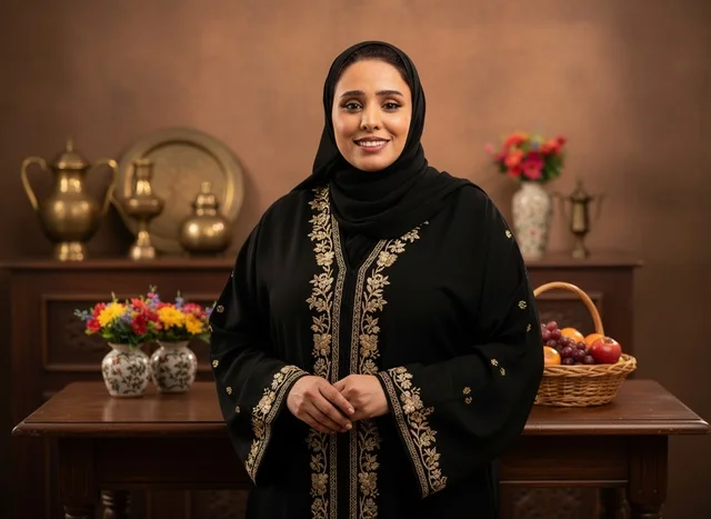 Saudi Woman in Traditional Black Embroidered Abaya