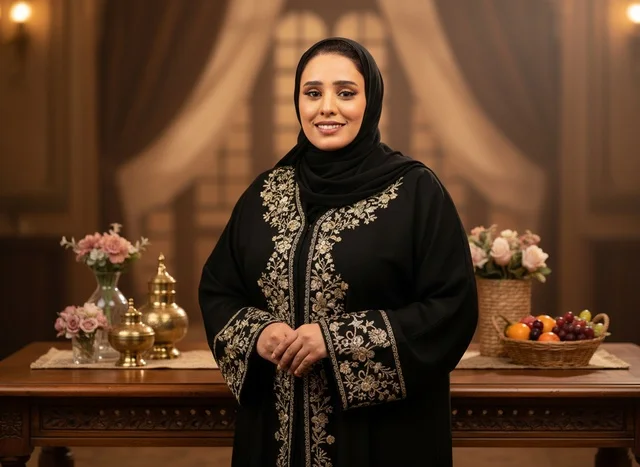 امرأة سعودية بعباية سوداء مطرزة في مجلس تقليدي امرأة سعودية بعباية سوداء مطرزة في مجلس تقليدي
