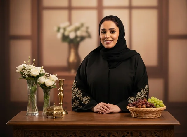 امرأة سعودية بالعباءة السوداء مع الزهور والفاكهة
