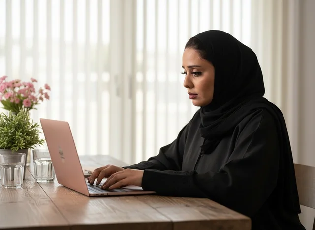 Emirati Woman Working on Laptop in Modern Office Space