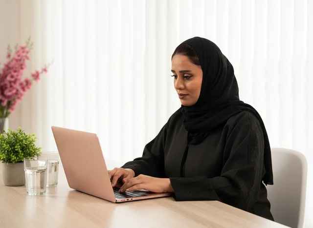 امرأة إماراتية تعمل على جهاز لابتوب في مكتب حديث