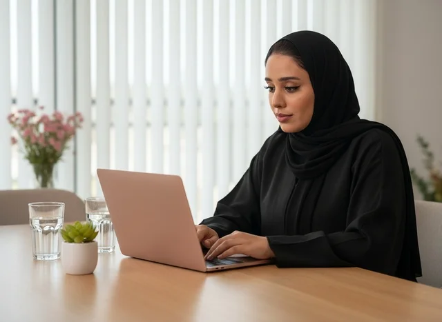 Emirati Woman in Black Abaya Working on Laptop