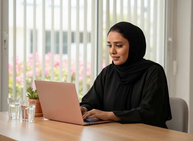 Emirati Businesswoman Working on Laptop in Modern Office