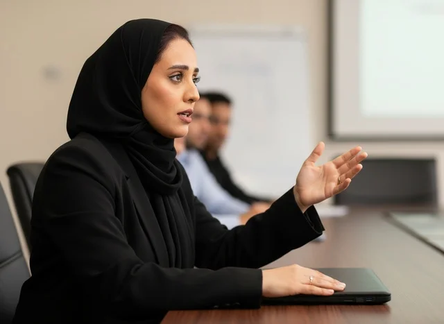 Arab Professional Woman in Hijab Leading Office Meeting