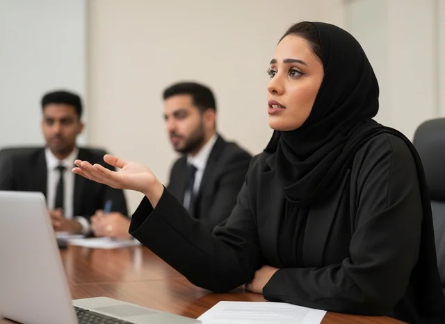 سيدة أعمال سعودية تتحدث في اجتماع مكتب