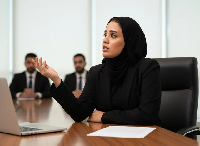 سيدة أعمال عربية بالحجاب تقود اجتماع مكتب