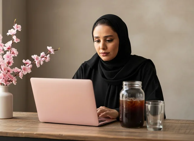Arab Woman in Abaya Working on Laptop with Coffee