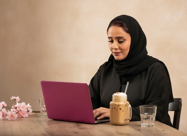 Saudi Professional Woman Working on Laptop in Cafe