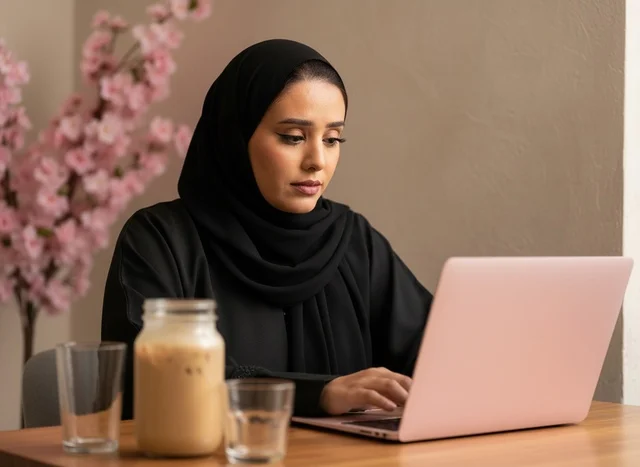 امرأة سعودية بالعباءة تستخدم الحاسوب المحمول