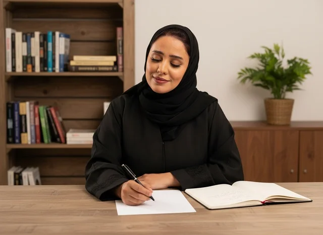امرأة سعودية بالعباءة تكتب على مكتب عمل امرأة سعودية بالعباءة تكتب على مكتب عمل