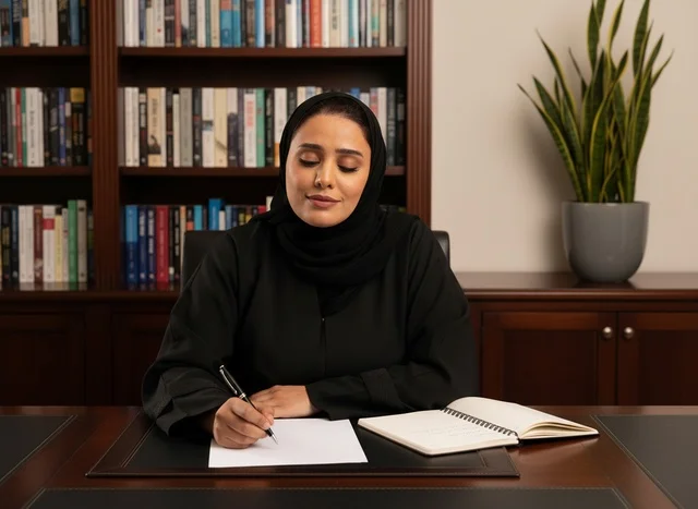 امرأة إماراتية تكتب في المكتب أمام مكتبة كتب