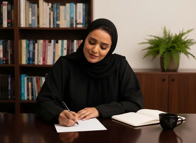 امرأة إماراتية تكتب على مكتب مع خلفية رفوف كتب