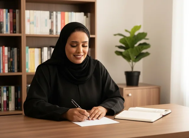 Saudi Woman in Black Abaya Writing at Indoor Office Desk