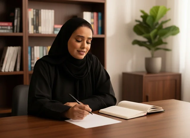 سيدة أعمال عربية بالعباءة السوداء تكتب على المكتب