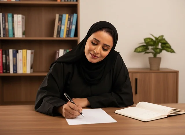 امرأة سعودية تكتب على المكتب في بيئة عمل بالعباءة
