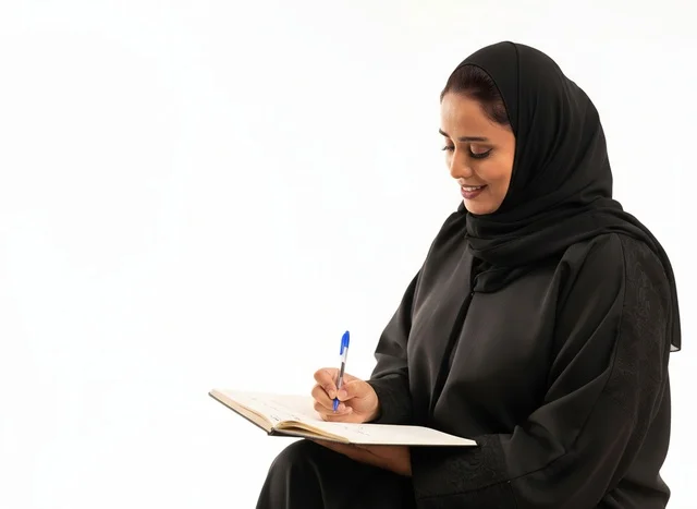 امرأة إماراتية بالعباءة تكتب في دفتر ملاحظات