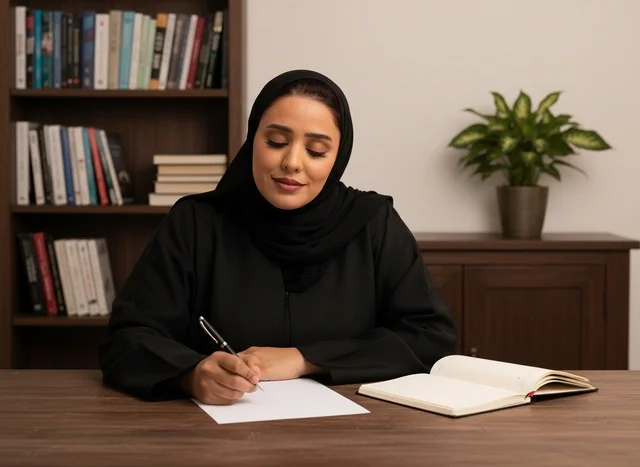 امرأة إماراتية تكتب على مكتب عمل بالعباءة