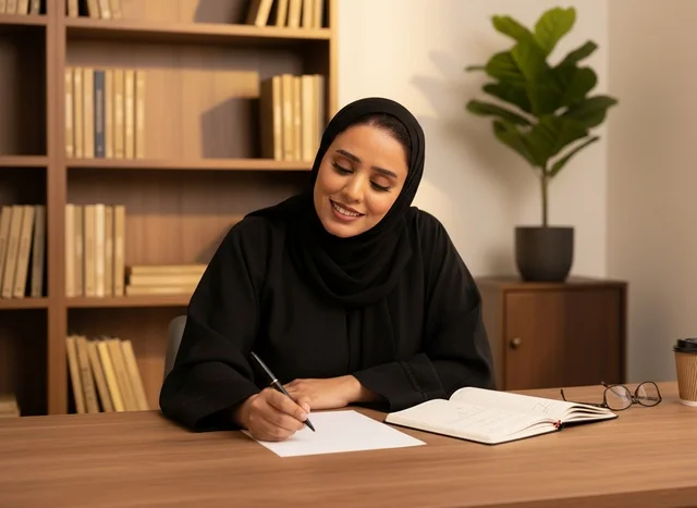 Saudi Woman in Black Abaya Writing at Library Desk