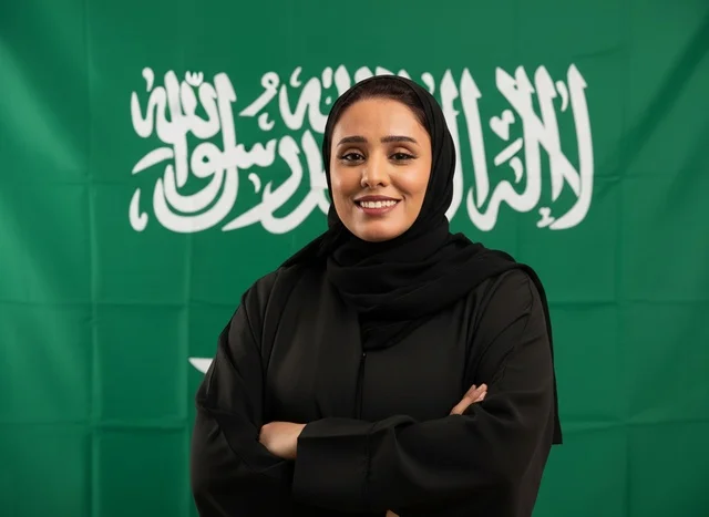 امرأة سعودية مع العلم الوطني بالعباءة التقليدية امرأة سعودية مع العلم الوطني بالعباءة التقليدية
